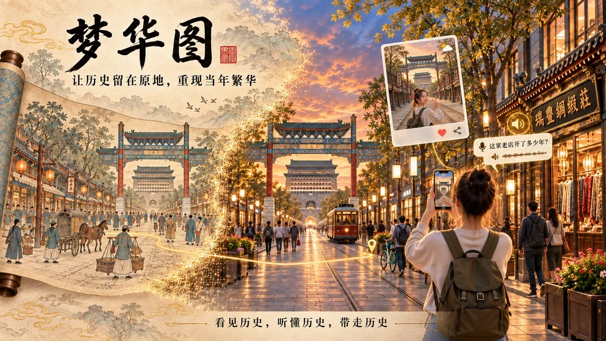 梦华图：画卷里的清末前门大街，接着今日实拍的前门，中间一道金光把两者缝在一起